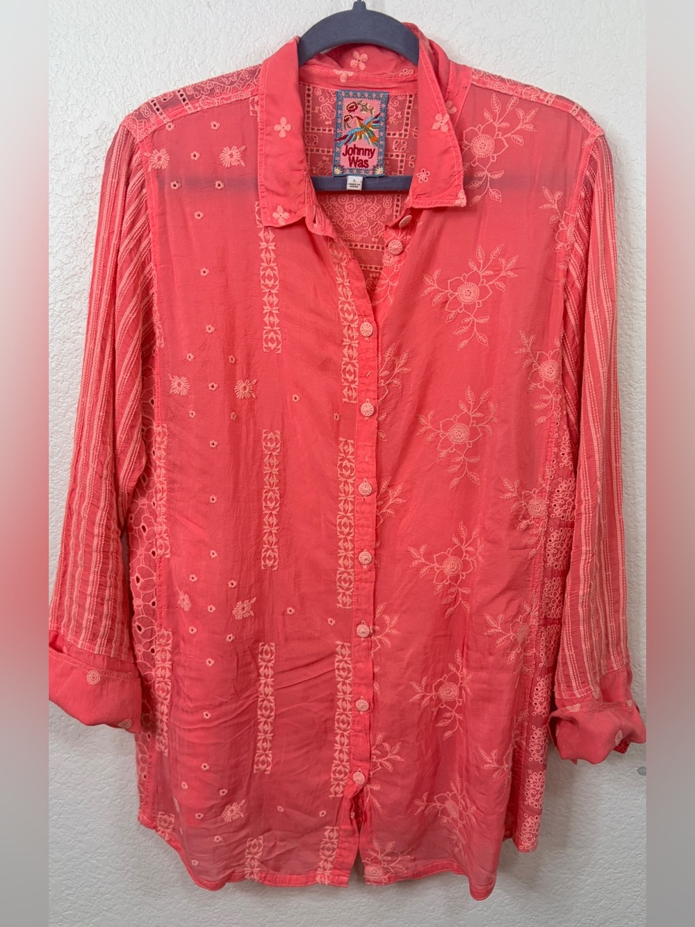 Johnny Was Coral Embroidered Button-Down Lacey Tunic Shirt - Large - EUC